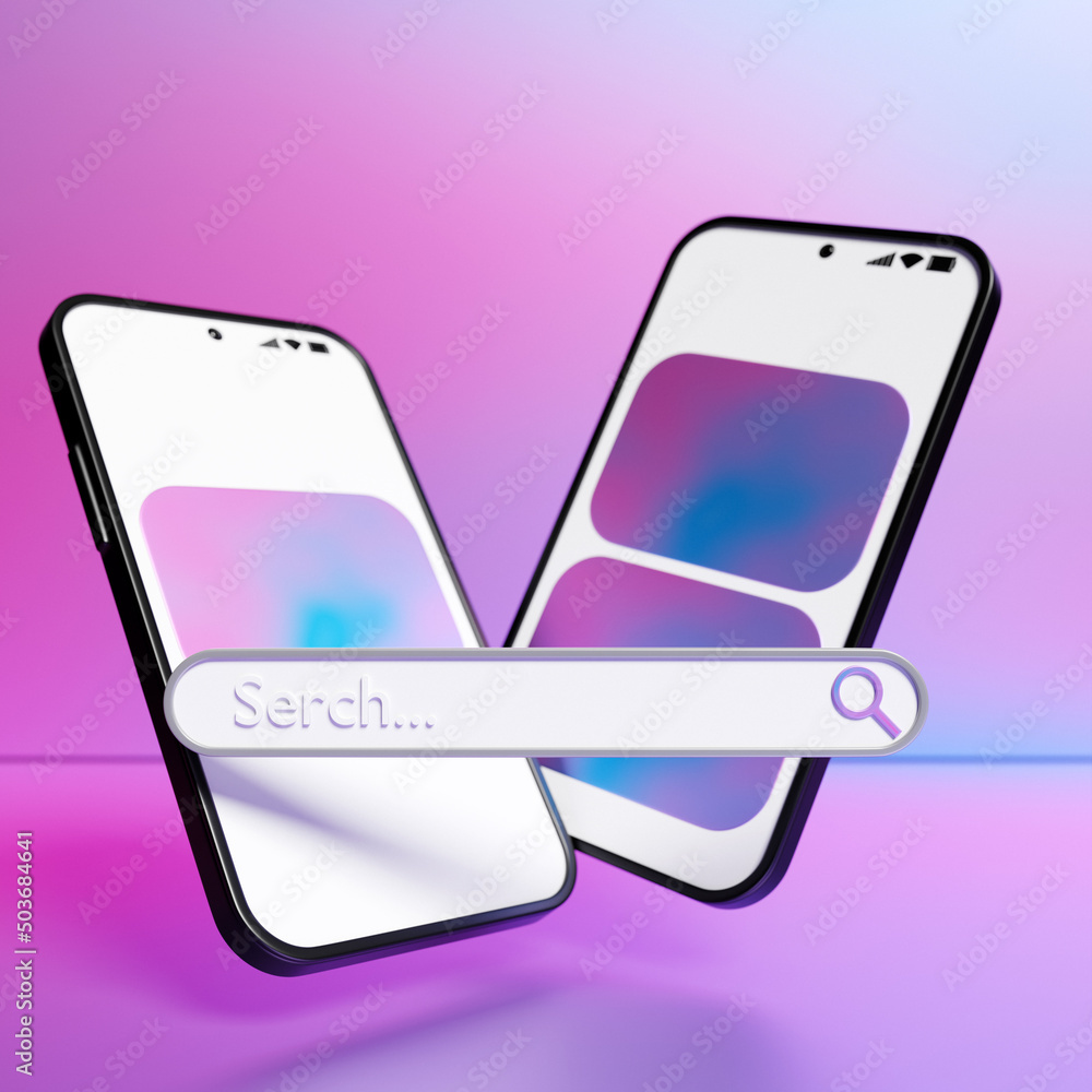 Aufkleber 3d illustration of a mobile phone with a search bar on a pink background with geometric shapes. inte