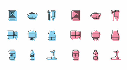 Set line Coffee cup to go, Bottle water, Medical book, Treadmill machine, Cooking pot, Women waist, Bed and Teapot with icon. Vector