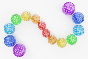 3D rendering. Multi-colored balls with holes in the shape of a snake. Close-up of the geometric shapes of the ball on a white background