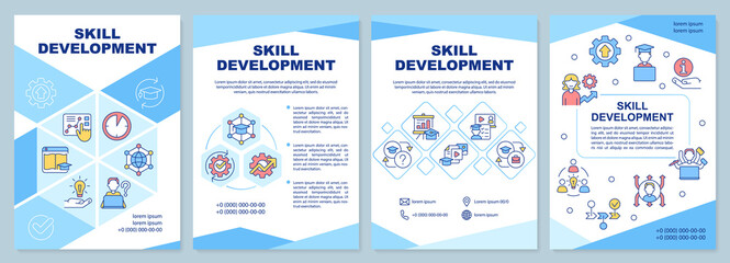 Skill development blue brochure template. Achieving career goals. Leaflet design with linear icons. 4 vector layouts for presentation, annual reports. Arial-Black, Myriad Pro-Regular fonts used