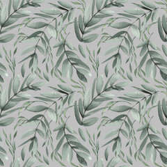 Seamless pattern with green leaves and branches. Watercolor illustration isolated on gray background.