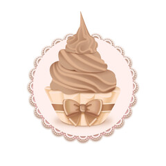 Delicious cupcake with chocolate cream and lace frame
