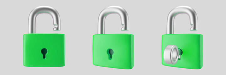 3d green unlocked padlock icon set with key isolated on gray background. Render minimal open padlock with a keyhole. Confidentiality and security concept. 3d cartoon simple vector illustration.