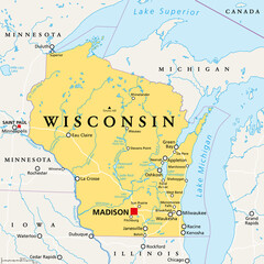Wisconsin, WI, political map, with the capital Madison and metropolitan area Milwaukee. State in the upper Midwestern United States of America, with the nicknames Badger State, and Americas Dairyland. - obrazy, fototapety, plakaty