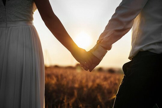 Couple Holding Hands On Sunset