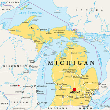 Michigan, MI, political map, with capital Lansing and metropolitan area Detroit. State in Great Lakes region of upper Midwestern United States, nicknamed The Great Lake State, and The Wolverine State.