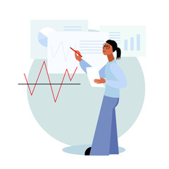 Financial illustration. Girl shows graphs, charts. Financial analytics. Vector illustration.