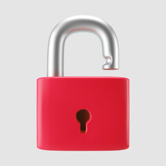 3d red unlocked padlock icon isolated on gray background. Render minimal open padlock with a keyhole. Confidentiality and security concept. 3d cartoon simple vector illustration