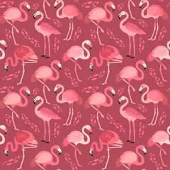 Foto auf Acrylglas Flamingo pink flamingos in different poses. seamless pattern. vector image.  background with exotic birds, tropical plants, flowers and leaves