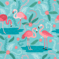 pink flamingos in different poses. seamless pattern. vector image.  background with exotic birds, tropical plants, flowers and leaves