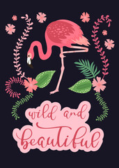pink flamingos in different poses. background with exotic birds, tropical plants, flowers and leaves. poster/ vector image