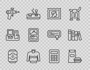 Set line Energy drink, Burger, Postal stamp, Sweater, Ray gun, Card game, Calculator and Book icon. Vector