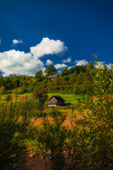 Ukrainian village lonely wooden house in mountain September autumn natural beautiful environment with vibrant colors, vertical photography