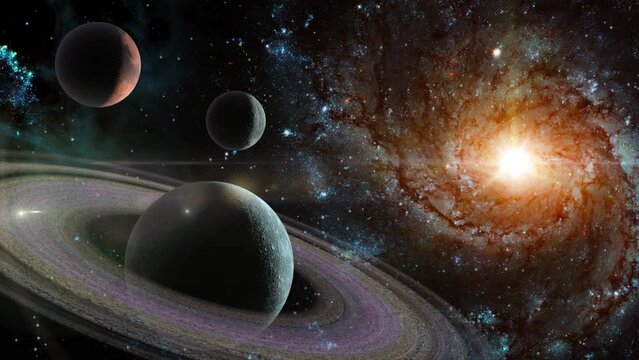 Space flight slowly moving through universe among planets galaxies stars and nebulae