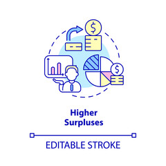 Higher surpluses concept icon. Income exceeds spending. Balanced budget requirement abstract idea thin line illustration. Isolated outline drawing. Editable stroke. Arial, Myriad Pro-Bold fonts used