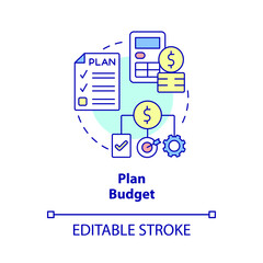 Plan budget concept icon. Projects financial provision. Budgeting type abstract idea thin line illustration. Isolated outline drawing. Editable stroke. Arial, Myriad Pro-Bold fonts used