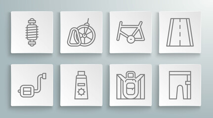 Set line Bicycle pedal, parking, Sunscreen cream tube, Hiking backpack, Cycling shorts, frame, lane and suspension icon. Vector