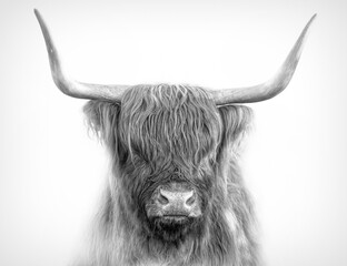 Scottish Highland bull in black and white standing in a pasture in spring in Canada - 503686212