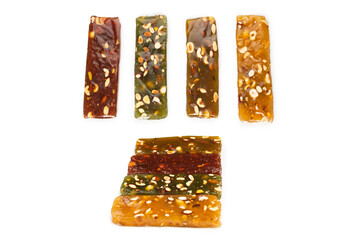 Turkish traditional delight with nuts isolated on white background.