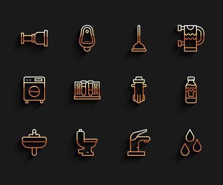 Set line Washbasin, Toilet bowl, Pipe adapter, Water tap, drop, Test tube with water, Bottle for cleaning agent and filter icon. Vector