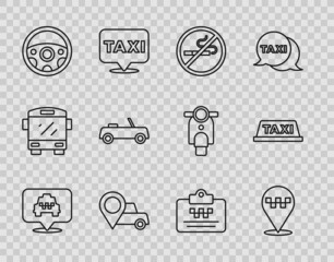 Set line Location with taxi, No Smoking, Steering wheel, Car, Taxi driver license and car roof icon. Vector