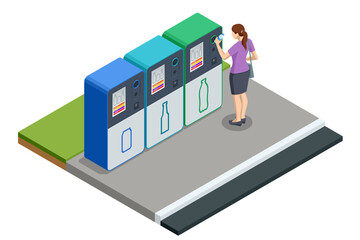 Isometric Recycling machine isolated on white. Woman put bottles in vending machine. Reverse Vending Recycling Machine. Recycling machine that dispenses cash.