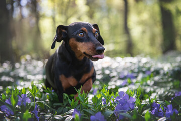 A black and tan dog of the miniature pinscher breed licks its lips in a clearing with blue flowers