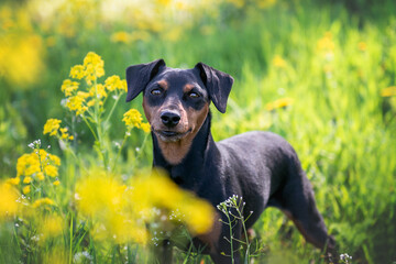 A black and tan dog of the miniature pinscher breed stands in a field of yellow flowers