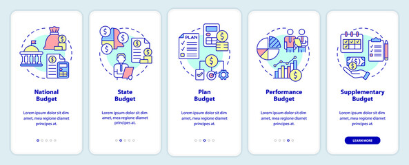 Fototapeta premium Budget types onboarding mobile app screen. National and state plan walkthrough 5 steps graphic instructions pages with linear concepts. UI, UX, GUI template. Myriad Pro-Bold, Regular fonts used