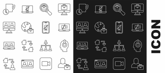 Set line Freelancer, Video camera Off on laptop, Magnifying glass with briefcase, Online working, chat conference, Time management and Mute microphone mobile icon. Vector