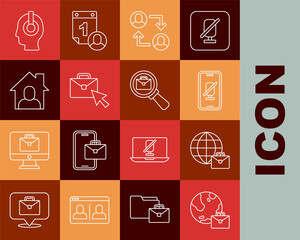 Set line Online working, Mute microphone on mobile, Project team base, Freelancer and Magnifying glass with briefcase icon. Vector