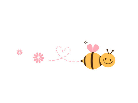 Bee cartoon, heart dot line and daisy flower isolated on white background vector illustration.