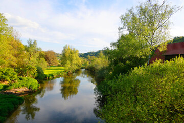 The River Jagst in Hohenlohe, Baden-W&uuml;rttemberg, Germany