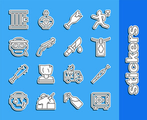 Set line Safe, Marijuana joint, Money laundering, Broken bottle as weapon, Police shotgun, Bandit, Prison window and Bloody knife icon. Vector