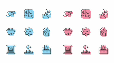 Set line Holy book of Koran, Muslim man prays, Ramadan cannon, Donate pay your zakat, Octagonal star, Kareem lantern, Date fruit in bowl and fasting icon. Vector
