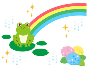 かわいいカエル　紫陽花　虹