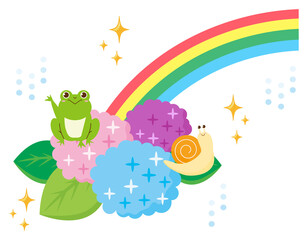 かわいいカエルとカタツムリ　紫陽花