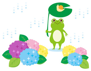 かわいいカエルとカタツムリ　紫陽花