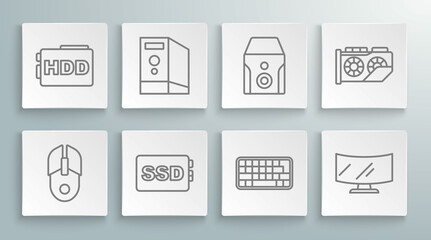 Set line Computer mouse, Case of computer, SSD card, Keyboard, monitor screen, Uninterruptible power supply, Video graphic and Hard disk drive HDD icon. Vector