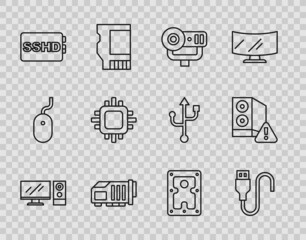 Set line Computer monitor, USB cable cord, Web camera, Video graphic card, SSHD, Processor with CPU, Hard disk drive HDD and Case of computer icon. Vector