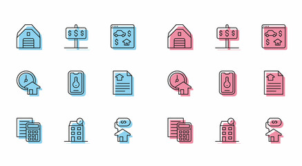 Set line Calculator, House, Garage, with dollar, Online real estate, contract, Time is money and icon. Vector