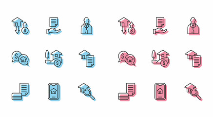 Set line Credit card, Online real estate, House with dollar, Search house, contract, Price negotiation and icon. Vector