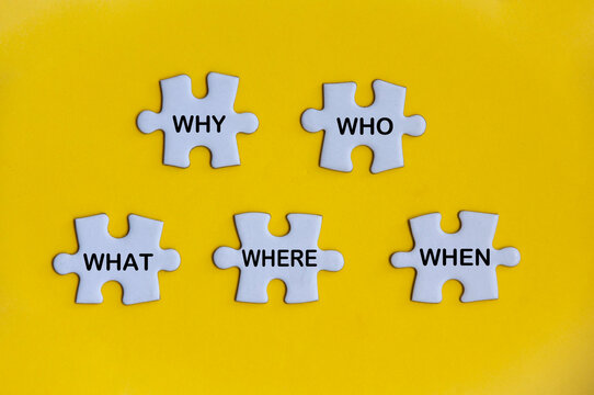 Top view of text on missing jigsaw puzzle - Why, who, what, where and when. Questioning and fact finding concept