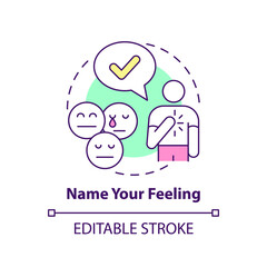 Name your feeling concept icon. Emotion understanding. Improving mental health abstract idea thin line illustration. Isolated outline drawing. Editable stroke. Arial, Myriad Pro-Bold fonts used