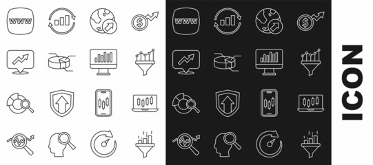 Set line Sales funnel with chart, Stocks market growth graphs, Financial, Pie infographic, Website template and Monitor icon. Vector