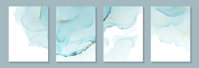 Modern watercolor background or elegant card design for birthday invite or wedding or menu with abstract teal blue ink waves and golden splashes.