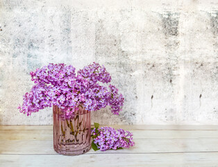 Bouquet of Purple Lilac in Glass Purple Vase  on Gray Textured Background. Spring Background