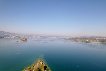 Aerial view from City of Rapperswil-Jona with scenic view of Lake Zürich on a sunny spring day. Photo taken April 28th, 2022, Rapperswil-Jona, Canton St. Gallen, Switzerland.