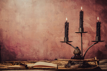 Plakat Vintage wallpaper with copy space. Antique desk with clock, inkwell and pen and candlestick.