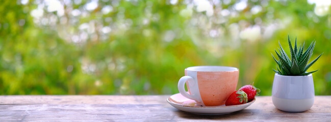 wooden table in garden, tea, coffee in mug, red strawberries, succulent Haworthia margaritifera in...